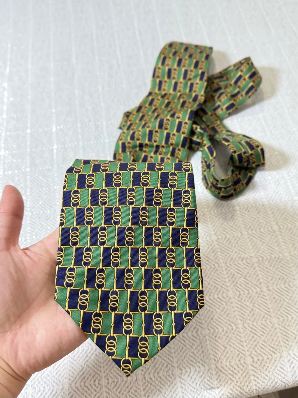 Vintage Paolo Gucci Geometric Logo Woven 100% Silk Tie Green/Navy/Gold One Size